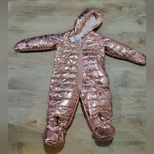 NWT Shiny Rose Gold Baby Infant Hooded Snowsuit With Detachable Boots 24M
